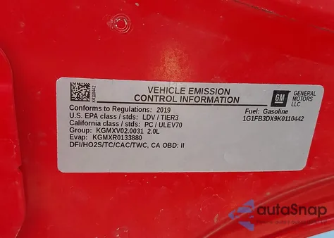 2019 Chevrolet Camaro 1Lt z USA, uszkodzony, nr VIN 1G1FB3DX9K0110442